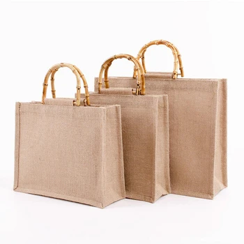 100шт Персонализированная льняная сумка в стиле ретро из Джута, сумка для покупок из мешковины, простая повседневная женская сумка с бамбуковой ручкой