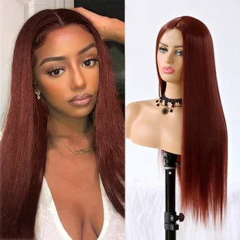 13x4 Темно-коричневый кружевной парик с прямыми волосами, парики для женщин, шоколадно-коричневые синтетические термостойкие волосы