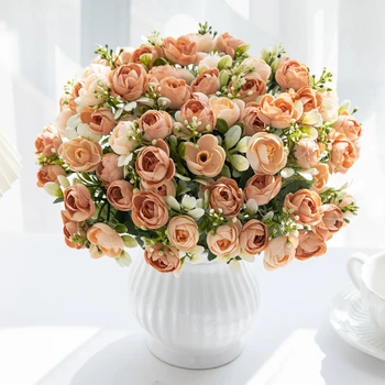15 головок шелковой розы, маленький чайный бутон для свадьбы, вечеринки на открытом воздухе, цветочная композиция для дома, Рождественское украшение, искусственные цветы