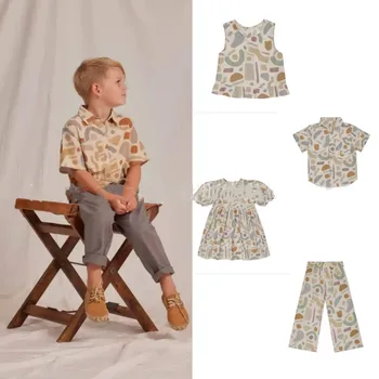 2023 AncoBear, Летняя одежда для брата и сестры, подходящая для детей, детская винтажная блузка с геометрическим принтом, Верхняя одежда для младенцев.