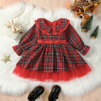 2023 г. Красное клетчатое платье для маленьких девочек с кукольным воротником и бантом, рождественские платья принцессы в клетку