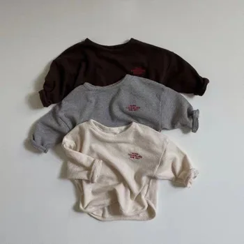 2023 Корейская Весенне-Осенняя Рубашка Для Маленьких Мальчиков С Буквенным Принтом, Хлопковый Пуловер, Топы, Свободная Однотонная Рубашка Для Маленьких Мальчиков