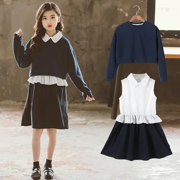2023, Корея, Летние детские весенние комплекты из 2 предметов, пуловер для девочек младшего возраста, топ с круглым вырезом, платье без рукавов для девочек младшего возраста, платье для девочек