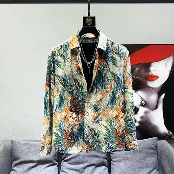 2023 Летние Новые модные рубашки для мужчин с отложным воротником и длинным рукавом, однобортная свободная блузка с принтом, одежда 21F3412