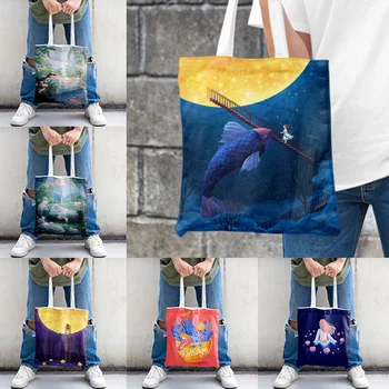 2023 Новые красочные мультяшные иллюстрации, холщовые сумки для покупок, элементы дизайна, милая сумка-тоут, школьные сумки для девочек
