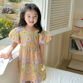 2023 Новые Летние Корейские повседневные Мини-платья с цветочным рисунком для маленьких девочек от 2, 4 до 6, 8 лет, праздничная Детская одежда с короткими рукавами