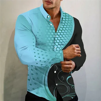 2023 Новые модные дизайнеры разрабатывают мужскую рубашку с пуговицами и отворотом, рубашку с длинным рукавом, бальную вечеринку, уличную синюю точечную печать 6XL