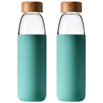 2X Стеклянная бутылка для воды из бамбукового стекла объемом 500 мл с бамбуковой крышкой и силиконовым защитным рукавом-Не содержит Bpa
