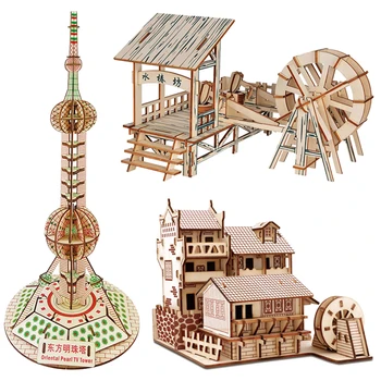 3D Деревянные строительные пазлы Модель дома Деревянная головоломка Китайская архитектура DIY Развивающие Игрушки для детей Дети