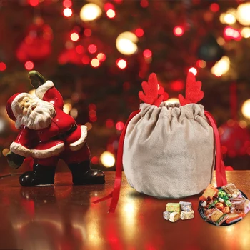 5шт Рождественский Рог Оленя Бархатные пакеты для конфет Санта Клауса Круглое ведро с нижней сумкой для хранения конфет на шнурке Украшение фестиваля