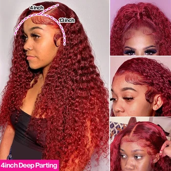 99J Бордовый 13x4 Парики из человеческих волос с глубокими волнами, окрашенные от 12 до 28 дюймов в красно-бордовый цвет, парики из человеческих волос с вьющимися кружевами спереди