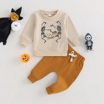 EWODOS, осенний комплект одежды из 2 предметов для маленьких мальчиков, толстовка с длинными рукавами и брюками с буквенным принтом скелета, детские комплекты