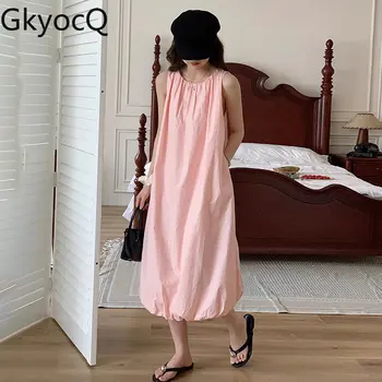 GkyocQ Корейское шикарное платье без рукавов Женское Летнее платье с круглым вырезом, однотонное платье длиной миди с бутонами, Розовый жилет, повседневный простой Свободный наряд