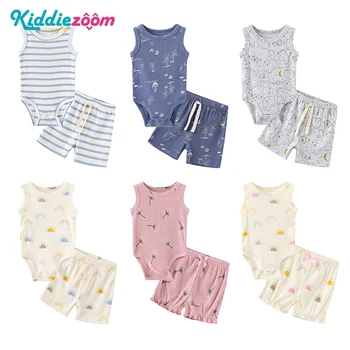 Kiddiezoom, Летние комплекты одежды для новорожденных без рукавов с героями мультфильмов, боди для маленьких мальчиков и девочек + Штаны, Хлопковая Мягкая одежда для младенцев