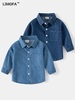 LJMOFA/ Джинсовые Рубашки Для мальчиков для детей 2-8 лет, Однотонные Синие Повседневные Ковбойские Топы С длинными Рукавами и Карманами, Детская Модная Одежда D427