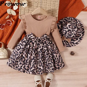 Prowow от 4 до 7 лет, осенне-зимние детские платья для девочек, лоскутное платье с леопардовым принтом и шляпой, одежда для маленьких девочек