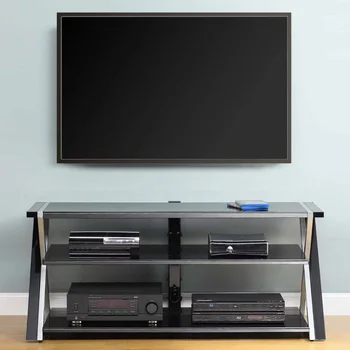 Whalen Furniture Черная подставка для телевизора для 60-дюймовых телевизоров с плоским экраном с полками из закаленного стекла, тумба для телевизора