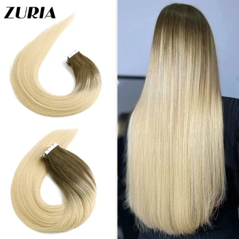 ZURIA 12-24 дюймовая лента для наращивания человеческих волос Невидимый клей для утка кожи Натуральный Настоящий оригинальный пучок париков для женского салона