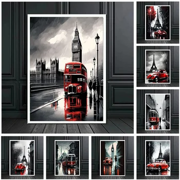 Абстрактный Уличный пейзаж Лондона и Парижа, принты плакатов для домашнего декора, современный Красный автобус, Эйфелева башня, холст, настенное искусство