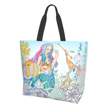 Акварельная Русалка, Золотая рыбка, подводное искусство, раковина морского конька, холщовая сумка для женщин, кухонные продуктовые сумки выходного дня