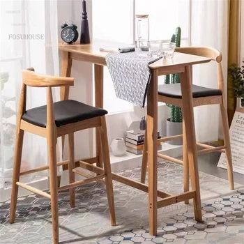 Барные стулья из массива скандинавского дерева, бытовой барный стул, современная минималистичная барная мебель, высокие табуреты, Кухонный барный стул со спинкой B