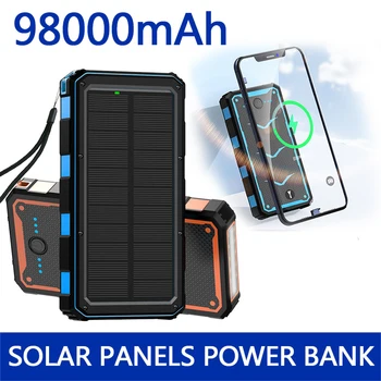 Блок питания солнечной панели Беспроводная зарядка мобильный источник питания 98000 мАч с походной лампой Зарядное устройство для мобильного телефона USB Порты Аккумулятор