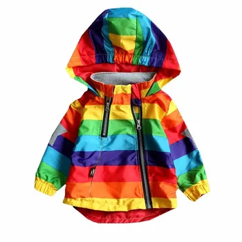 Весенне-осенняя детская одежда с длинными рукавами для маленьких мальчиков, куртка для маленьких девочек, пальто с капюшоном для мальчиков, солнцезащитная одежда, куртка в радужную полоску