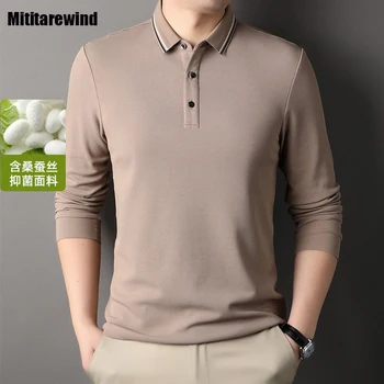 Весенне-осенняя мужская футболка, деловые повседневные рубашки поло с длинными рукавами из хлопка и шелка тутового цвета, удобные универсальные футболки