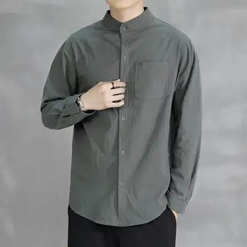 Весенние и осенние модные мужские рубашки, однотонные рубашки с длинным рукавом и стоячим вырезом, мужская Корейская модная рубашка большого размера, мужская одежда