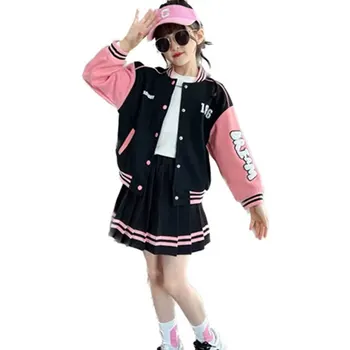Весенняя бейсбольная форма для девочек-подростков, Осенняя модная куртка в стиле пэчворк с буквенным принтом, пальто + плиссированная юбка, 2 предмета одежды JK от 4 до 14 лет