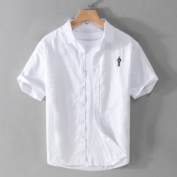 Весенняя мужская высококачественная рубашка с коротким рукавом, осенняя модная свободная однотонная повседневная рубашка с вышивкой, мужская рубашка из чистого хлопка S-3XL