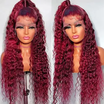Винно-красный парик из мягких синтетических волос на кружеве 180% плотности, Высококачественное рыхлое вьющееся термостойкое волокно, предварительно выщипанное для женщин, парики