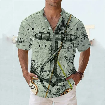 Винтажная мужская рубашка Henley с 3D принтом Корабельного якоря, рубашки с коротким рукавом, футболки с компасом, Простая Свободная Мужская одежда большого размера