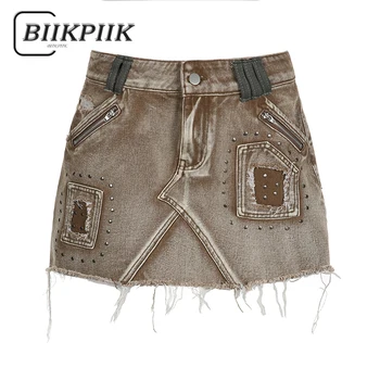 Винтажные женские юбки BIIKPIIK с заклепками, уличная одежда, джинсовые юбки-карго на пуговицах, универсальные облегающие низы с высокой талией, горячие юбки