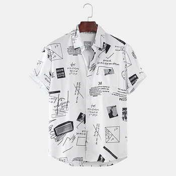Гавайские Рубашки Мужские Забавные Абстрактные Мультяшные Лозунги Нагрудный Карман С Коротким Рукавом Летняя Мужская Пляжная Блузка Топы Chemise Homme
