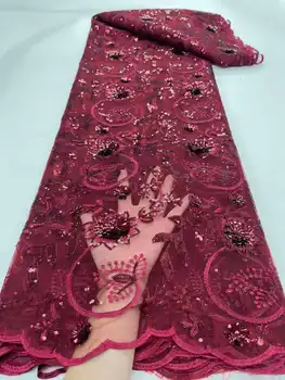 Горячая распродажа винно-красная кружевная ткань с 3D блестками африканская кружевная ткань Высококачественная нигерийская французская тюлевая сетчатая кружевная ткань свадебная ткань