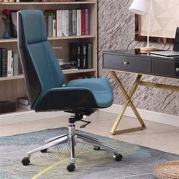 Деревянные офисные стулья с высокой спинкой для домашнего отдыха Кожаное Компьютерное кресло Мебель для спальни Nordic Luxury Gaming Вращающееся кресло B