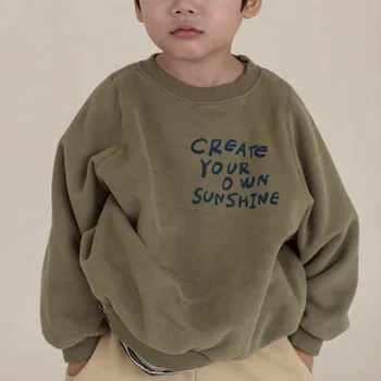 Детская Корейская зимняя новая футболка, Свободный повседневный флисовый свитер с длинными рукавами и буквенным принтом Для мальчиков и девочек, пуловер Теплый Удобный