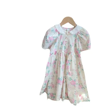 Детская одежда 2023 Лето Новые девушки Французское Ретро ЧернильноРозовое платье для девочек с коротким рукавом Платье принцессы с цветочным рисунком