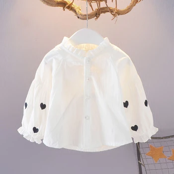 Детская рубашка с длинным рукавом, модная детская однотонная блузка с принтом в виде сердца, детский кардиган, пальто, топы из 100% хлопка на весну и осень