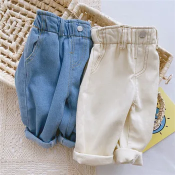 Детские джинсовые брюки, повседневные брюки для мальчиков и девочек, однотонные теплые джинсы с высокой талией, детские брюки Осень-весна от 9 до 4 лет