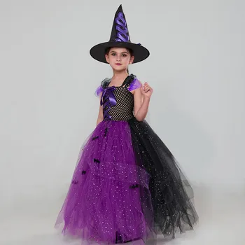 Детское платье для девочек на Хэллоуин, сетчатое платье-пачка со шляпой, 2 комплекта, платье для выступлений для маленьких девочек с коротким рукавом