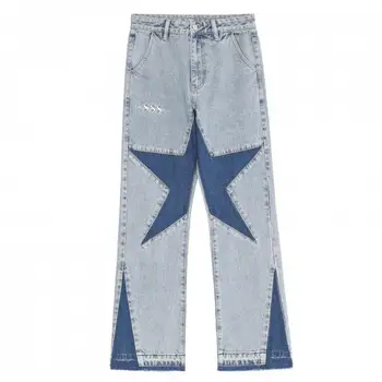 Джинсы контрастного цвета со звездами, сшитые из выстиранных джинсов, мужские повседневные уличные трендовые свободные прямые брюки в европейском и американском стиле