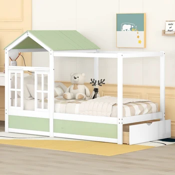 Домашняя кровать Twin Size с крышей, окном и выдвижным ящиком - зеленый + белый Для мебели для спальни в помещении