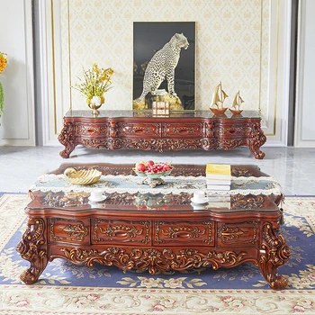 Европейский стиль, чайный столик из цельного дерева и тумба для телевизора, сочетание роскошной краски для гостиной на водной основе, новый чайный столик