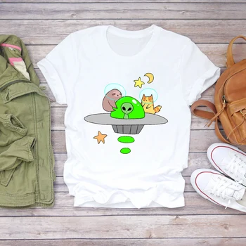 Женская блузка, уличная одежда, футболка с принтом инопланетного космоса, женская одежда с коротким рукавом, Летняя женская винтажная белая одежда, топы