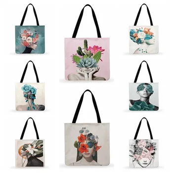 Женская повседневная сумка-тоут для цветущей девушки, художественная картина, сумка-тоут с принтом, женская сумка через плечо, складная сумка для покупок, уличные пляжные сумки