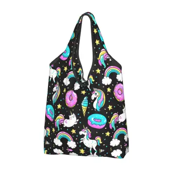 Женская повседневная сумка для покупок Rainbow Unicorn Donut, сумка-тоут большой емкости, Портативная сумка для хранения, Складные сумки