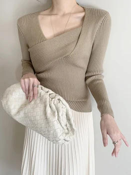 Женские свитера с неправильным V-образным вырезом, модный трикотаж, осенне-зимний тонкий пуловер, женский свитер, джемпер, повседневные однотонные топы