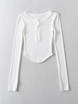 Женский укороченный топ из рубчатого трикотажа Y2k Slim Fit, укороченная футболка с круглым вырезом и пуговицами, осенние топы в обтяжку